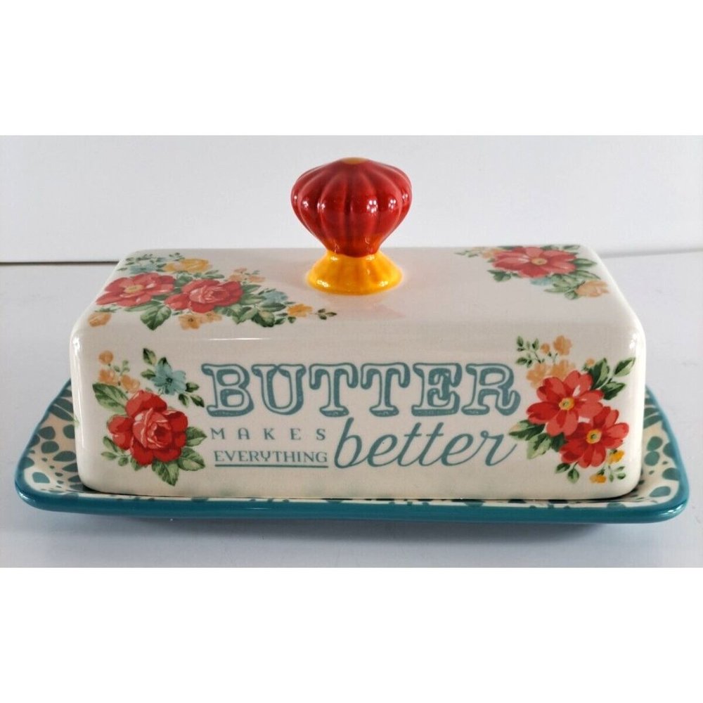 Pioneer Woman Butter Dish Makes Everything Better Red Blue Floral Farmhouse